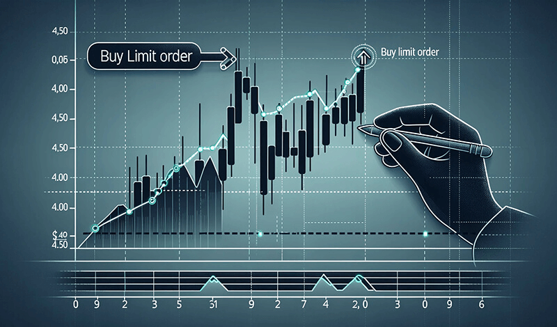 A graphic depiction of a Buy Limit order, showing the intention to buy a security at a price below the current market level.